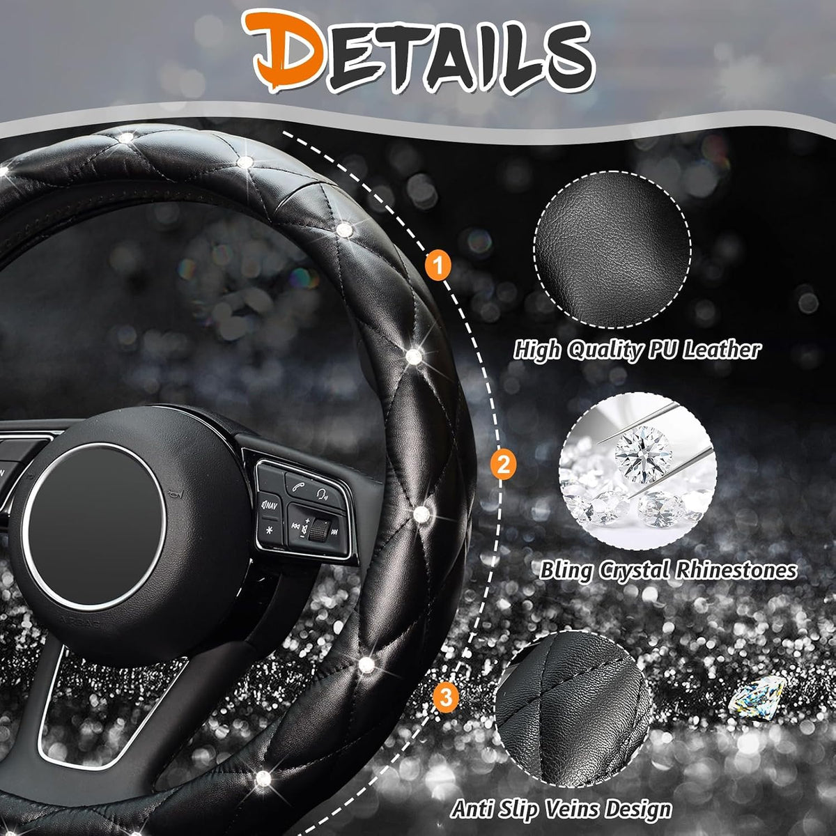 KAFEEK Diamond Leather Steering Wheel Cover, 15 Inch, Black