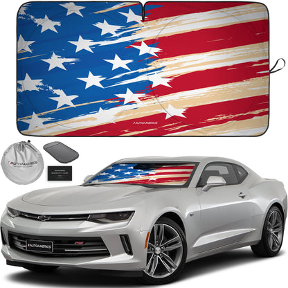 Autoamerics 1-Piece Windshield Sun Shade B&W American Flag USA Patriotic Design - Foldable Car Front Window Sunshade for Most Sedans SUV Truck - Blocks Max UV Rays and Keeps Your Vehicle Cool - Small