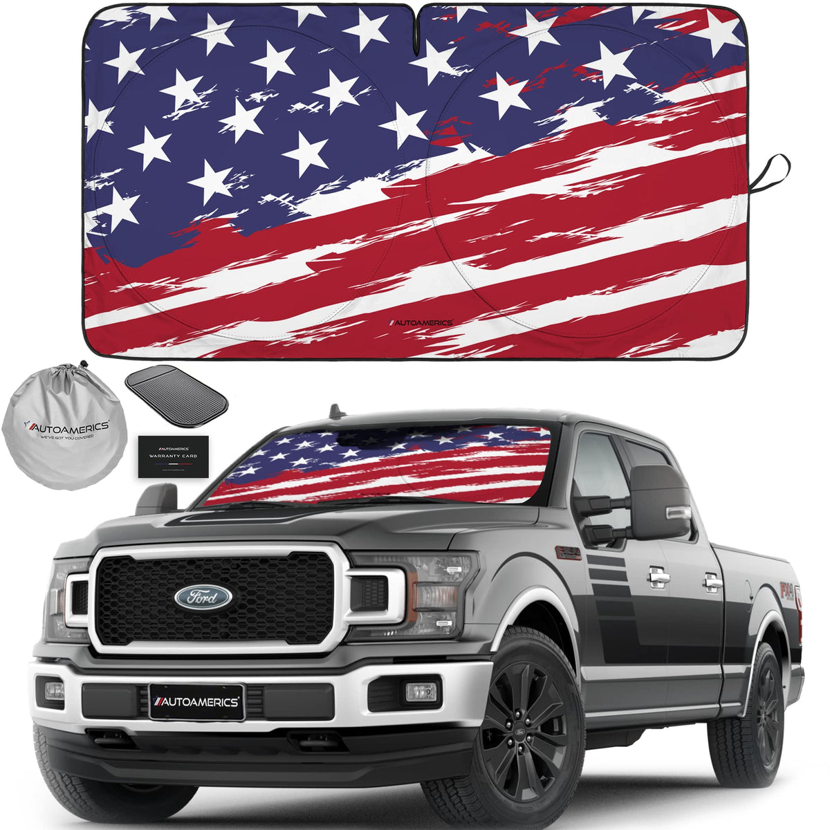 Autoamerics Truck Windshield Sun Shade - American Flag, 64 x 33.5 in