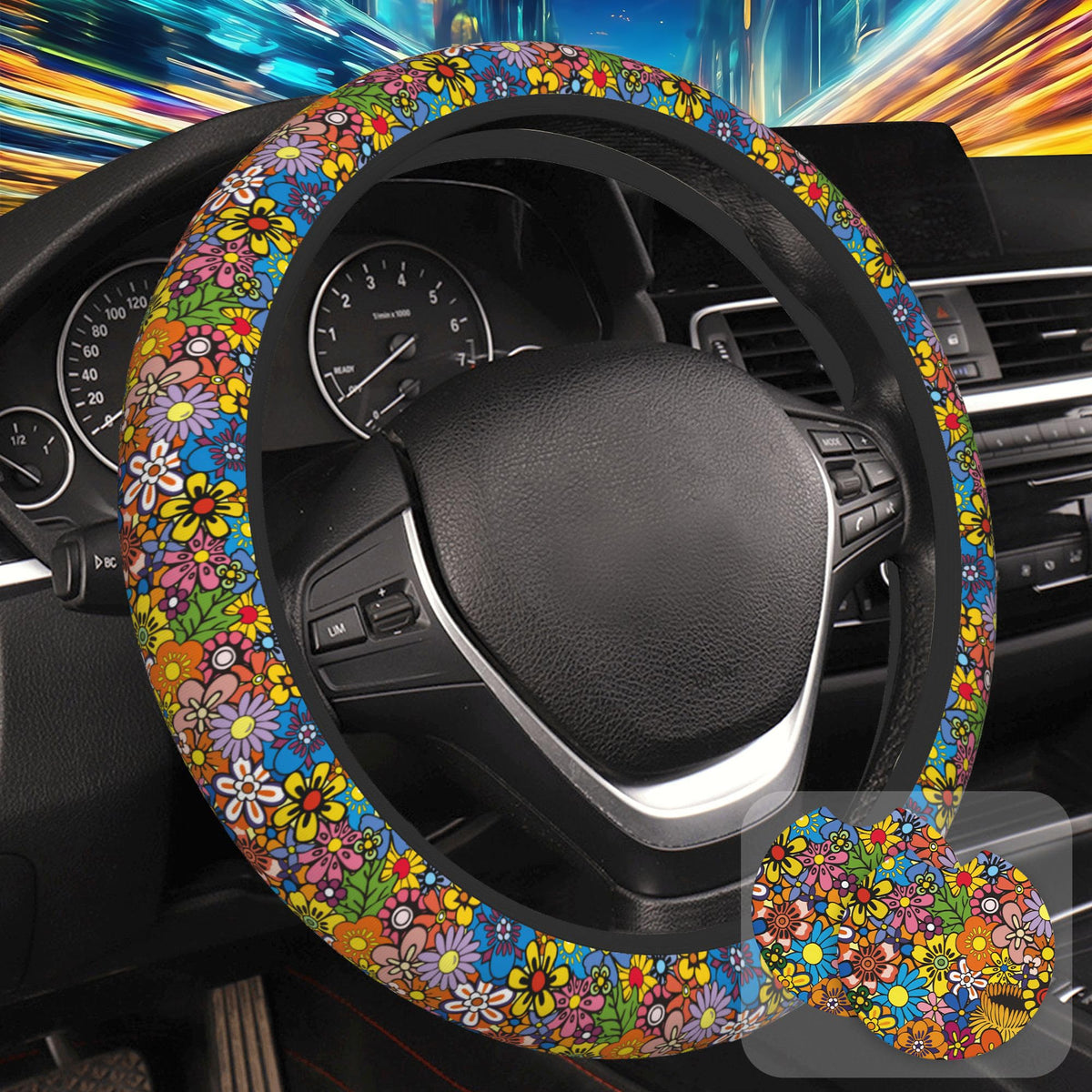 Botanical Flowers Berries Leaves Steering Wheel Cover for Women, Anti-Slip Car Steering Wheel Cover with 2 Pcs Cup Holders Neoprene Breathable Car Accessories Universal 15 Inch Auto Interior Decor