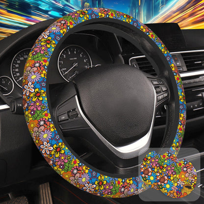 Botanical Flowers Berries Leaves Steering Wheel Cover for Women, Anti-Slip Car Steering Wheel Cover with 2 Pcs Cup Holders Neoprene Breathable Car Accessories Universal 15 Inch Auto Interior Decor