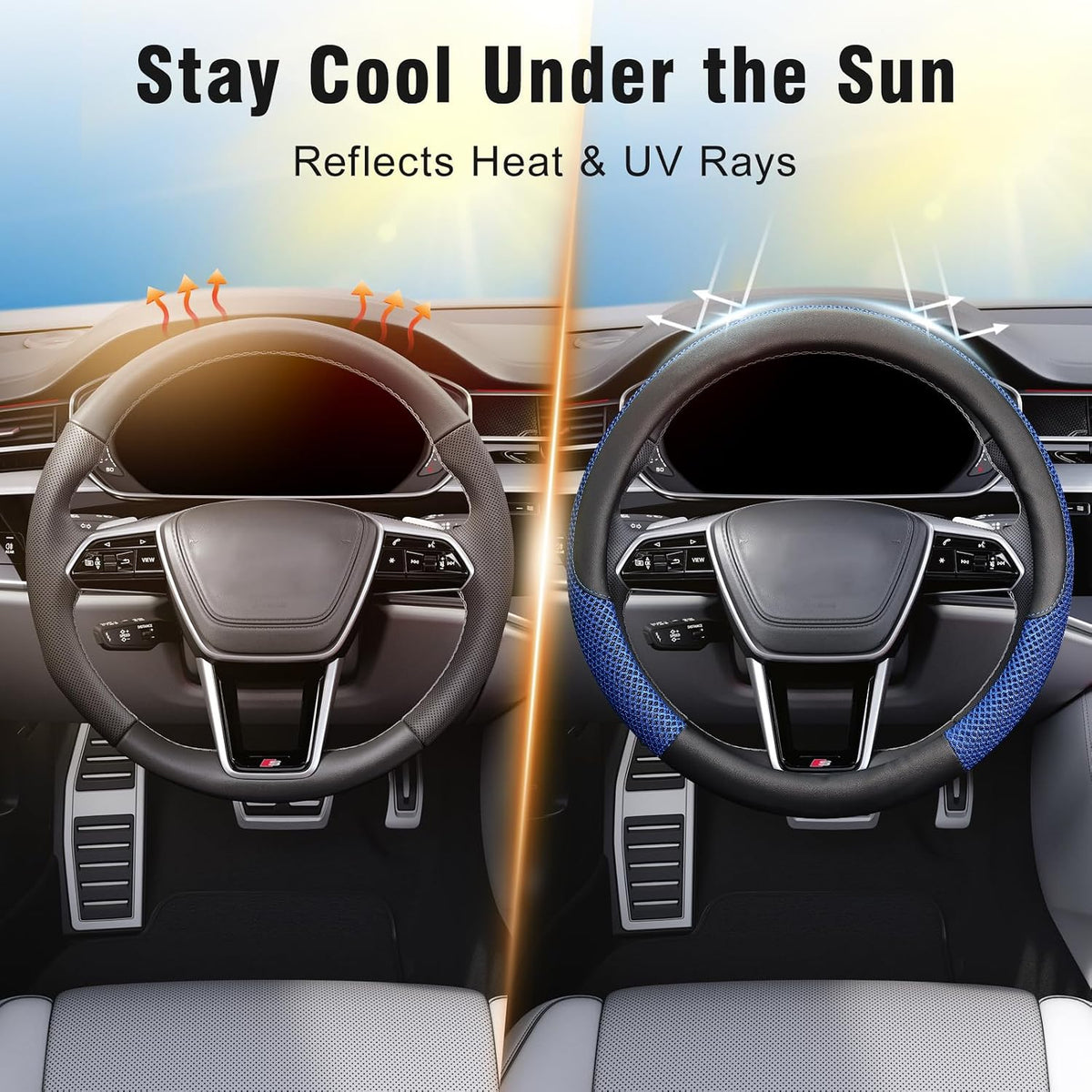 KAFEEK Steering Wheel Cover, Cooling Ice Silk Leather, 15 Inch, Blue