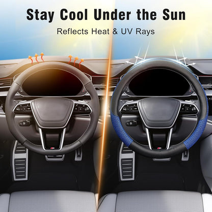 KAFEEK Steering Wheel Cover, Cooling Ice Silk Leather, 15 Inch, Blue