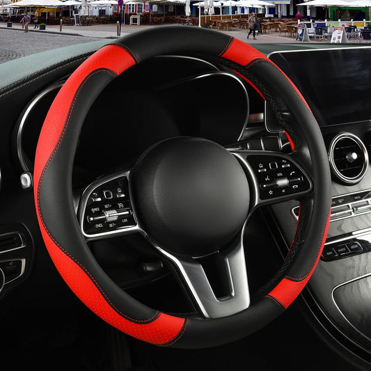 Black Red Microfiber Leather Steering Wheel Cover 14 inch