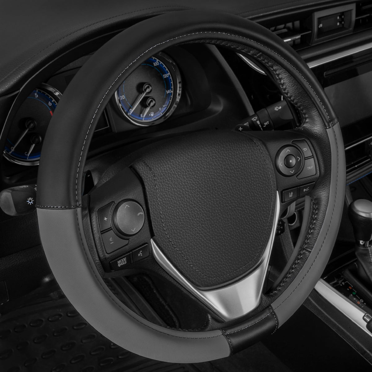 CAT® DuraGrip Car Steering Wheel Cover, Black Tire Tread Traction Design, Auto Steering Wheel Cover for Cars Trucks Vans SUVs, Improve Grip and Control, Durable Comfortable - Large 15"-16" Inches