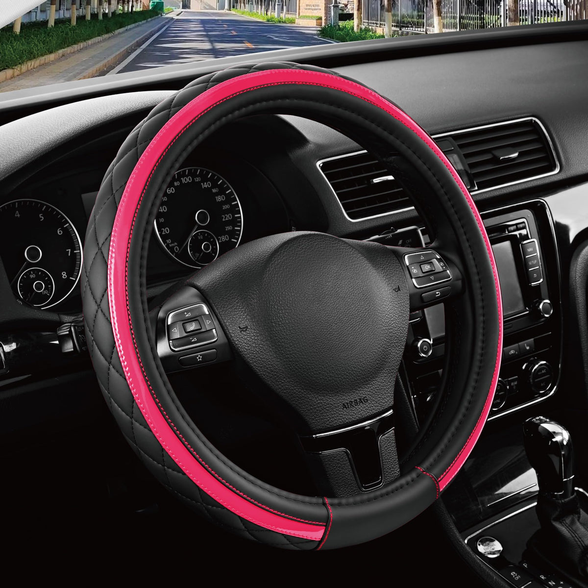Road Comforts Leather Steering Wheel Cover – Black & Purple, Universal Fit 14.5-15 Inch, Microfiber Leather, Anti-Slip & Breathable Design for Men and Women