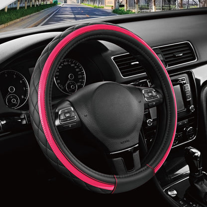 Road Comforts Leather Steering Wheel Cover – Black & Purple, Universal Fit 14.5-15 Inch, Microfiber Leather, Anti-Slip & Breathable Design for Men and Women