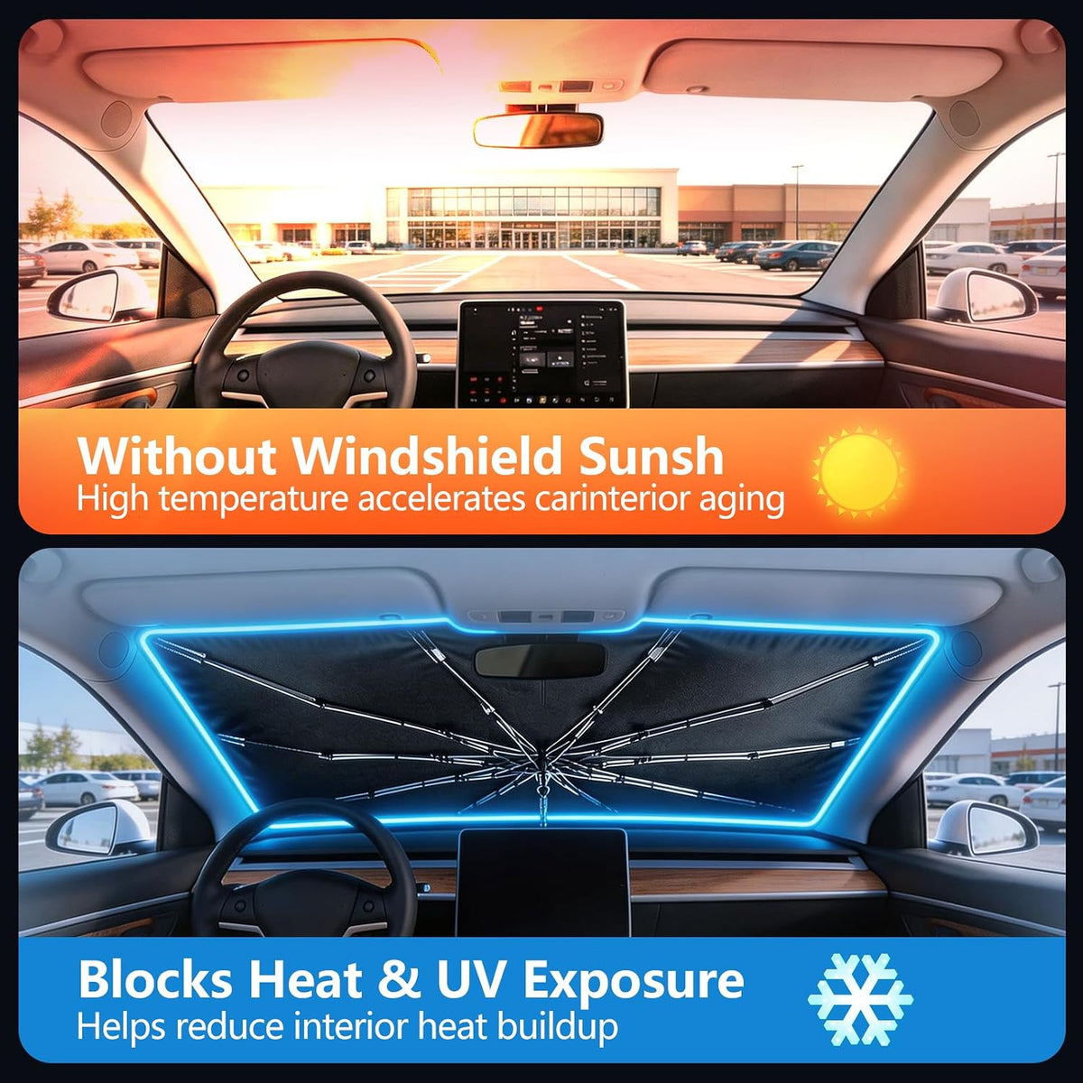 Windshield Sun Shade Umbrella, Foldable Sun Blocker for Cars (56" Lx31 W)