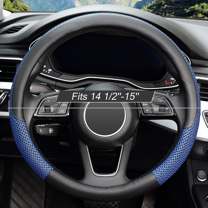 KAFEEK Steering Wheel Cover, Cooling Ice Silk Leather, 15 Inch, Blue