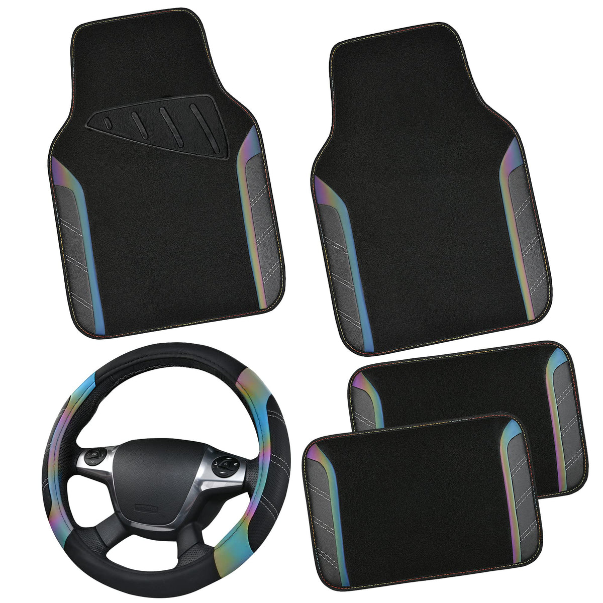 CAR PASS Microfiber Steering Wheel Cover and Waterproof Car Floor Mats,Leather Universal Car Combo Fit for 95% Truck,SUV,Cars,14.5-15inch Sporty Anti-Slip Safety Comfortable Design(Black and Pink)