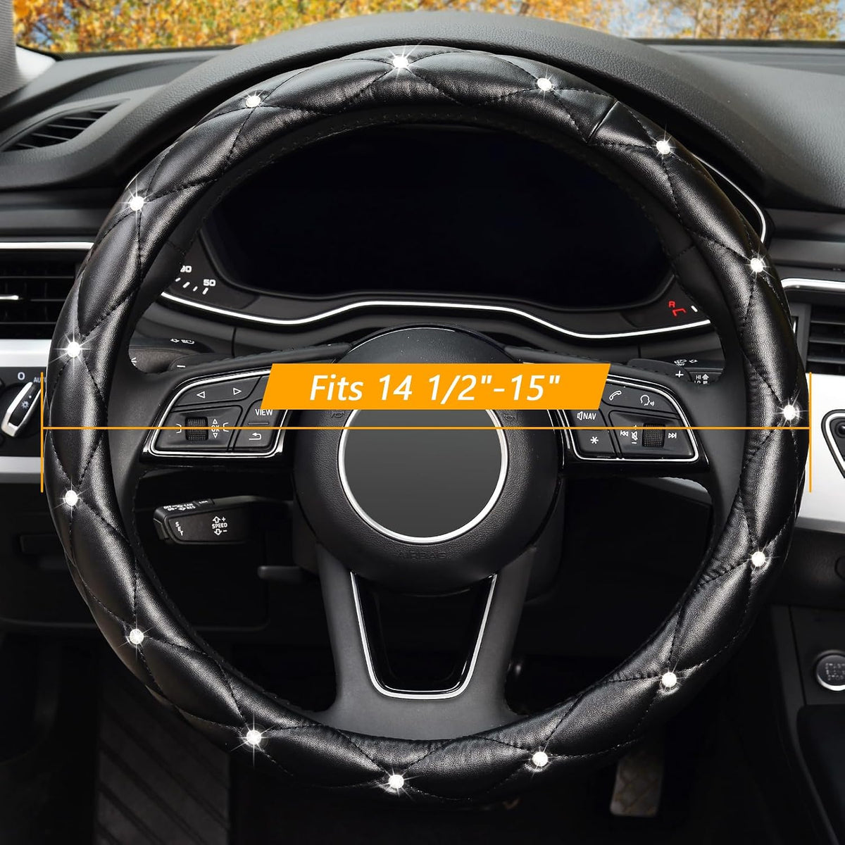 KAFEEK Diamond Leather Steering Wheel Cover, 15 Inch, Black