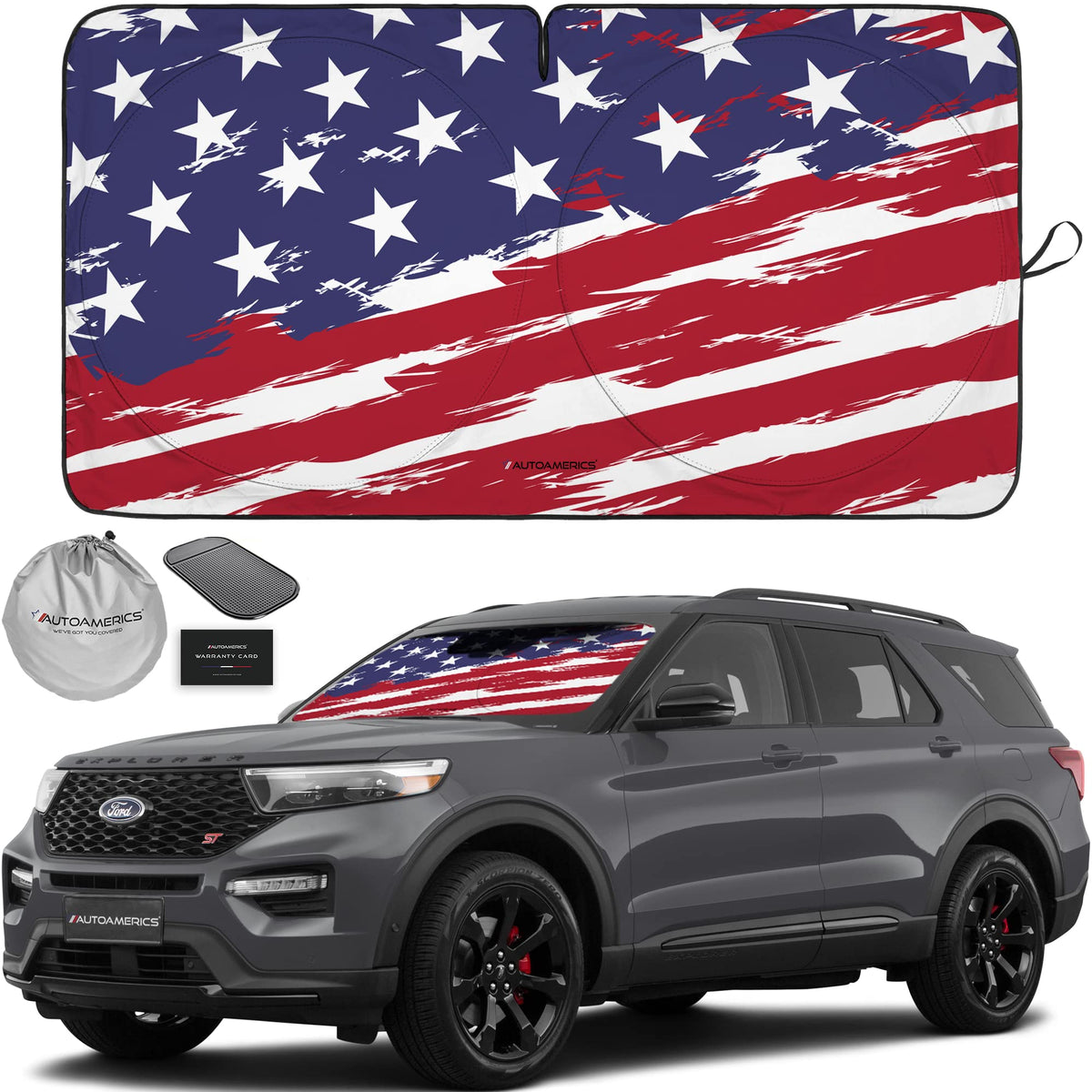 Autoamerics 1-Piece Windshield Sun Shade B&W American Flag USA Patriotic Design - Foldable Car Front Window Sunshade for Most Sedans SUV Truck - Blocks Max UV Rays and Keeps Your Vehicle Cool - Small
