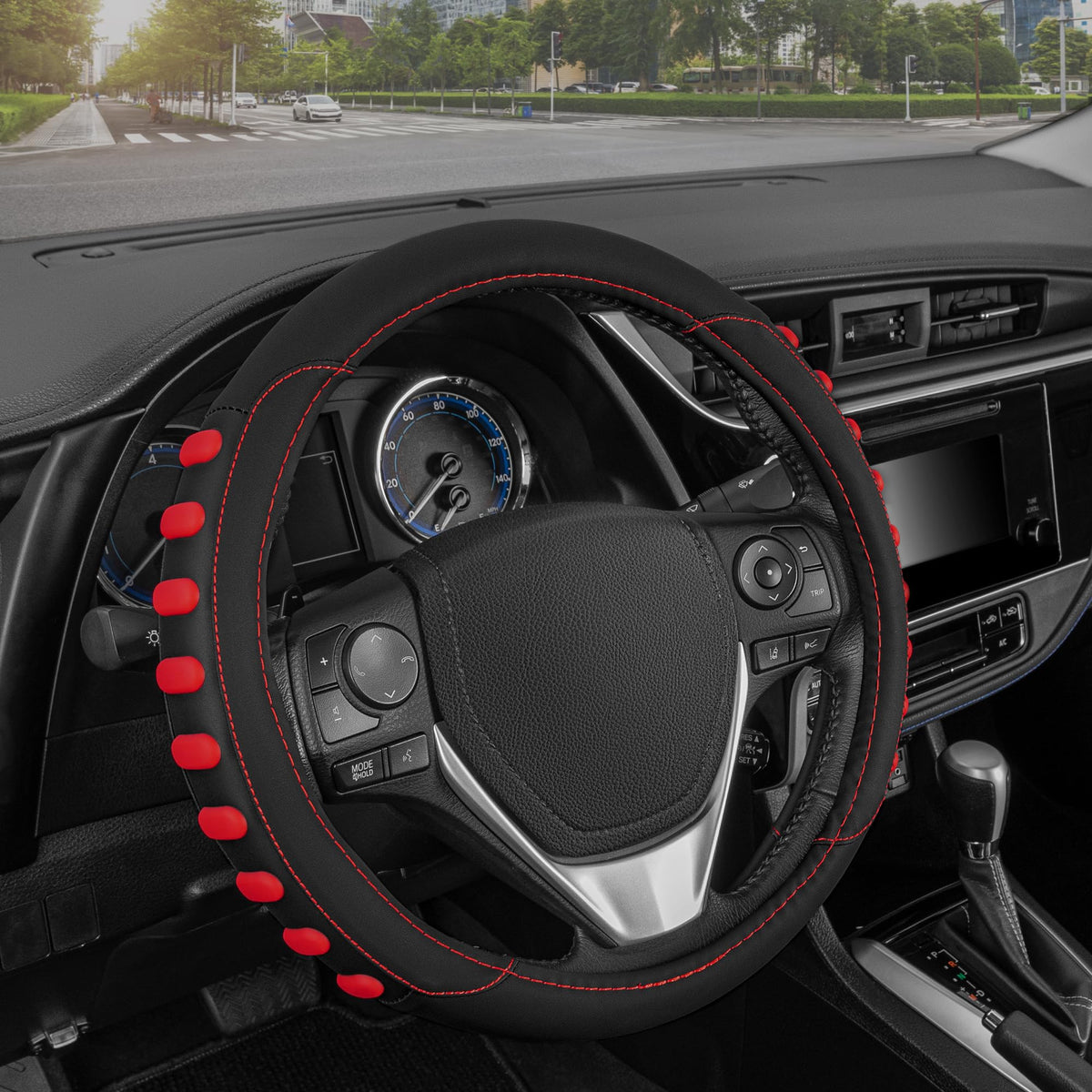 Motor Trend Perforated Microfiber Leather Steering Wheel Cover for Cars Trucks SUVs Vans, Sporty Racing Improved Grip Anti-Fatigue Ergonomic Design, Airbag Compatible - Fits Standard 15" Inch - Black