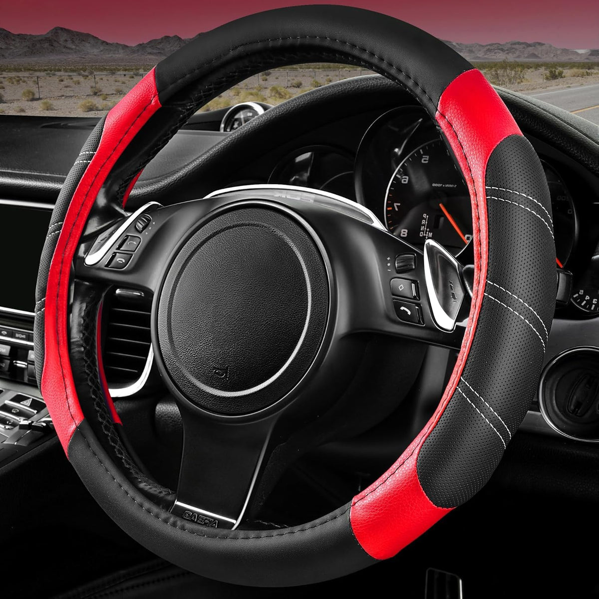 CAR PASS Line Rider Microfiber Leather Sporty 14.5-15 inch Steering Wheel Cover Universal Fits for 95% Truck,SUV,Cars, Anti-Slip Safety Comfortable Design (Black Purple)