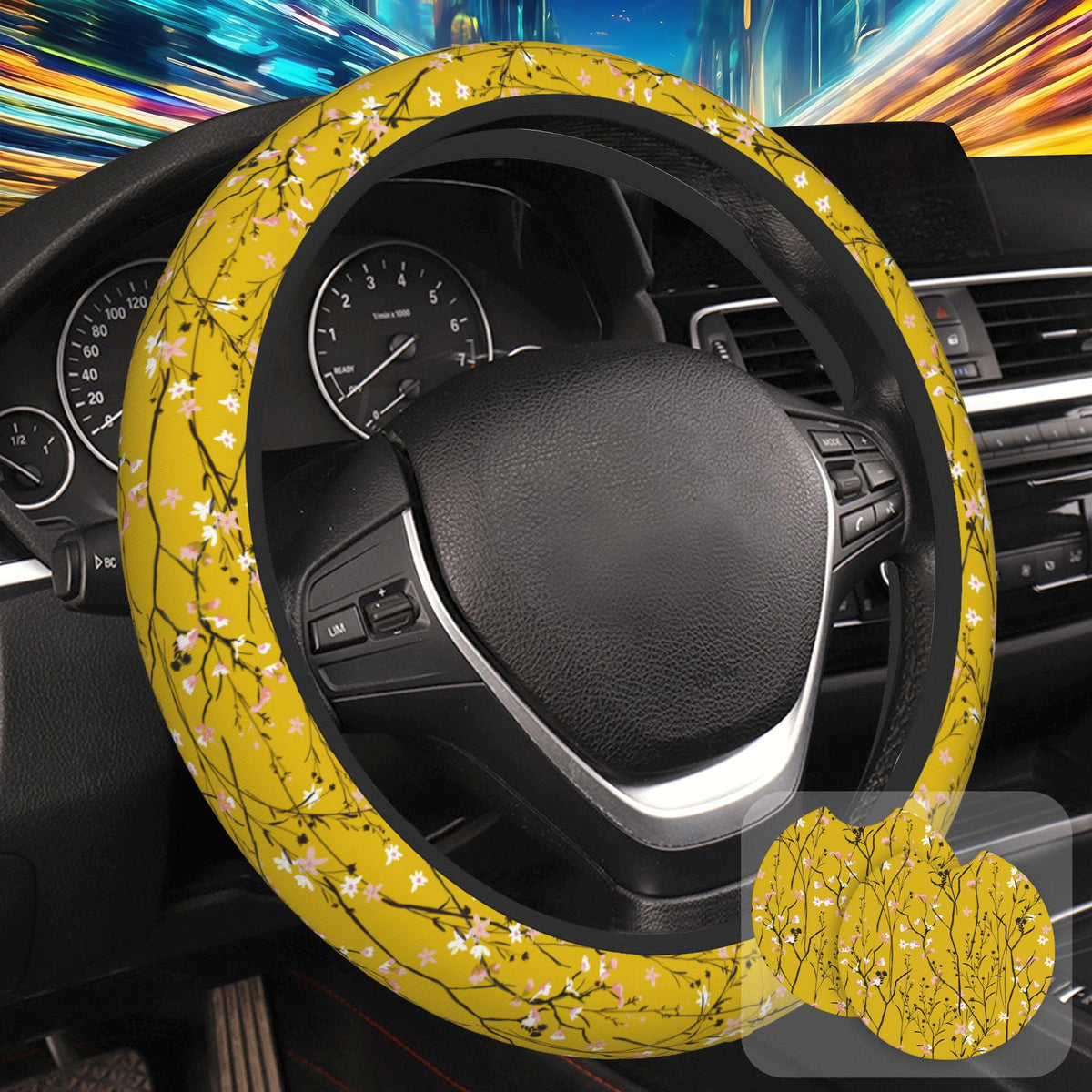 Botanical Flowers Berries Leaves Steering Wheel Cover for Women, Anti-Slip Car Steering Wheel Cover with 2 Pcs Cup Holders Neoprene Breathable Car Accessories Universal 15 Inch Auto Interior Decor