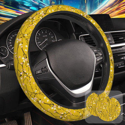 Botanical Flowers Berries Leaves Steering Wheel Cover for Women, Anti-Slip Car Steering Wheel Cover with 2 Pcs Cup Holders Neoprene Breathable Car Accessories Universal 15 Inch Auto Interior Decor