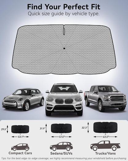 3W Windshield Sun Shade Umbrella, Medium 57.1" x 31.9", Graphene Coated