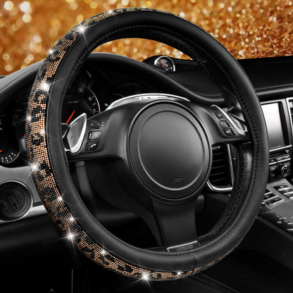 CAR PASS Bling Diamond Leather Steering Wheel Cover, with Bling Sparkly Crystal Glitter Rhinestones Universal Fit 14.5in-15in Car Wheel Protector for Women Girl Fit Suvs,Vans,Sedans,Car,Trucks, Silver