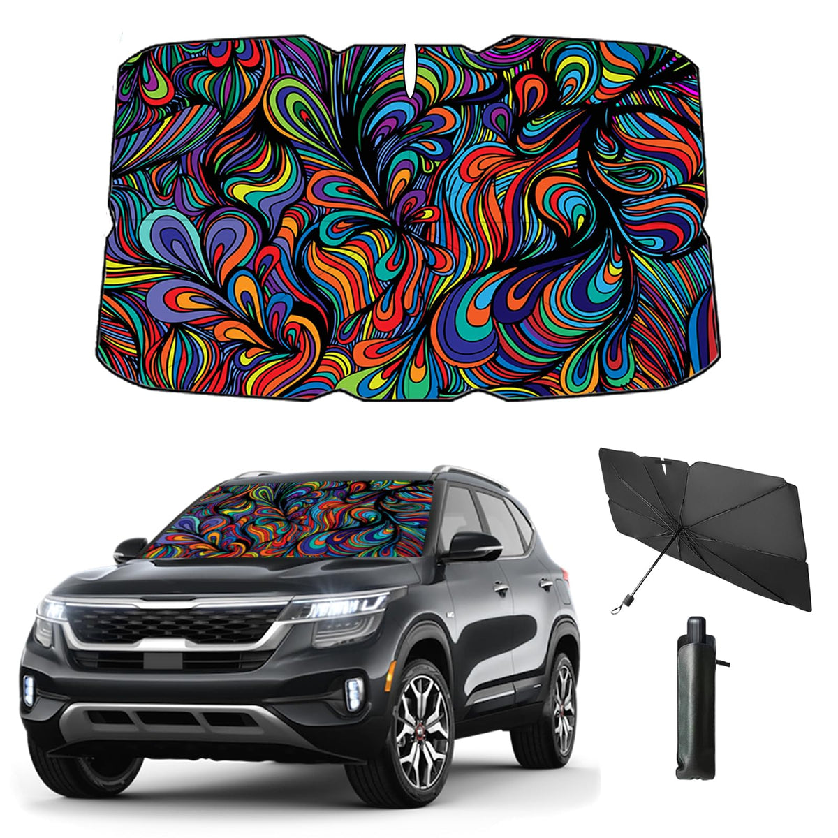 Windshield Sun Shade 2025 Car Accessories 100% Blackout Car Front Windsow Shades Umbrella Automotive Sun Visor Block Heat Insulation Protection (Black Eyes)