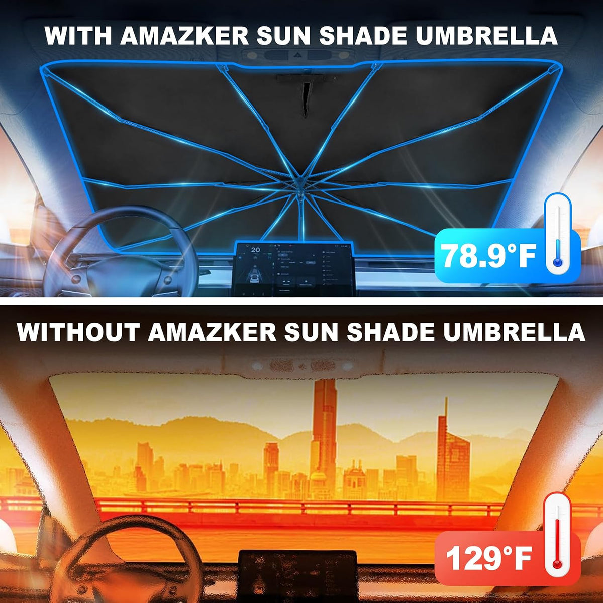 [2026 Upgrade] Car Windshield Sun Shade Umbrella - [10 Fiberglass Ribs][360° Bendable][100% Sun Block] [240T Thickened Titanium Silver ] Ice-Shield Protect Car from Sun Rays Heat Damage