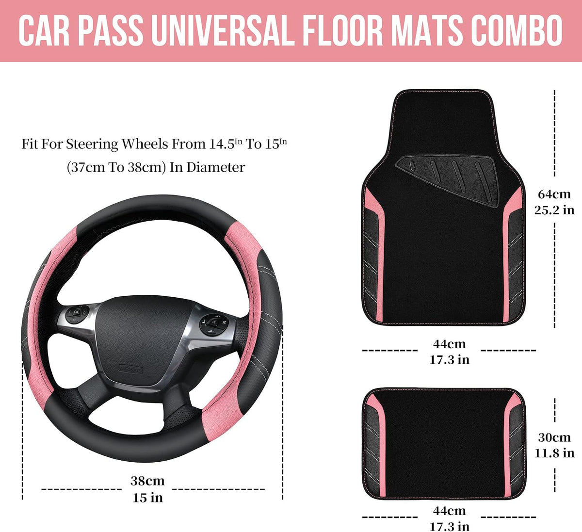 CAR PASS Microfiber Steering Wheel Cover and Waterproof Car Floor Mats,Leather Universal Car Combo Fit for 95% Truck,SUV,Cars,14.5-15inch Sporty Anti-Slip Safety Comfortable Design(Black and Pink)