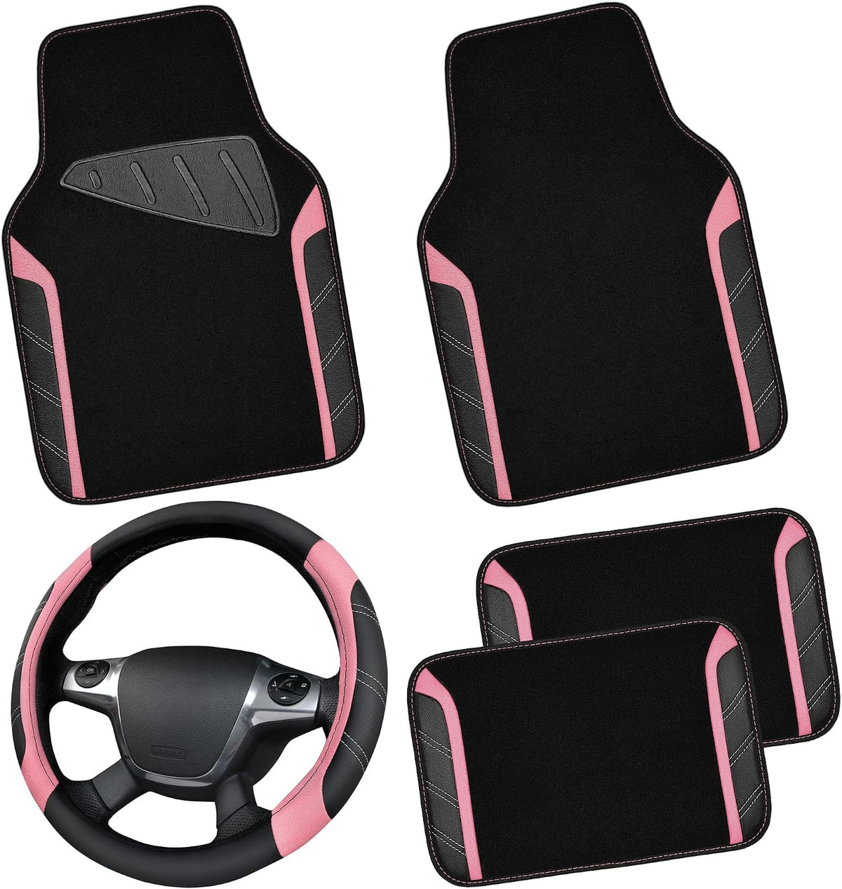 CAR PASS Microfiber Steering Wheel Cover and Waterproof Car Floor Mats,Leather Universal Car Combo Fit for 95% Truck,SUV,Cars,14.5-15inch Sporty Anti-Slip Safety Comfortable Design(Black and Pink)