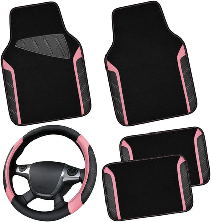 CAR PASS Microfiber Steering Wheel Cover and Waterproof Car Floor Mats,Leather Universal Car Combo Fit for 95% Truck,SUV,Cars,14.5-15inch Sporty Anti-Slip Safety Comfortable Design(Black and Pink)