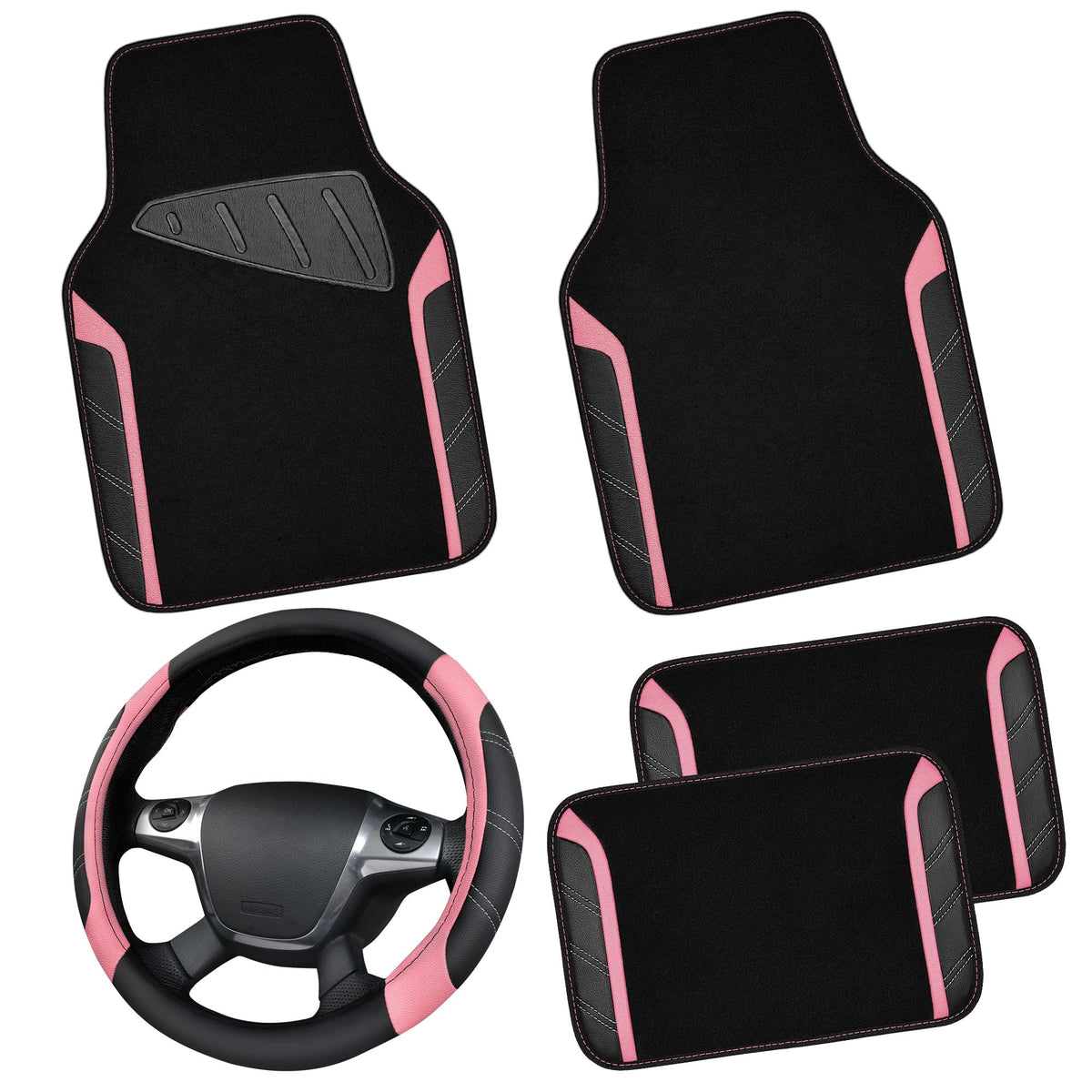 CAR PASS Microfiber Steering Wheel Cover and Waterproof Car Floor Mats,Leather Universal Car Combo Fit for 95% Truck,SUV,Cars,14.5-15inch Sporty Anti-Slip Safety Comfortable Design(Black and Pink)