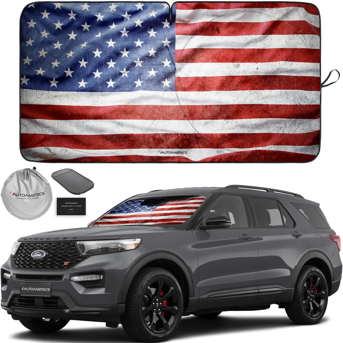 Autoamerics 1-Piece Windshield Sun Shade B&W American Flag USA Patriotic Design - Foldable Car Front Window Sunshade for Most Sedans SUV Truck - Blocks Max UV Rays and Keeps Your Vehicle Cool - Small