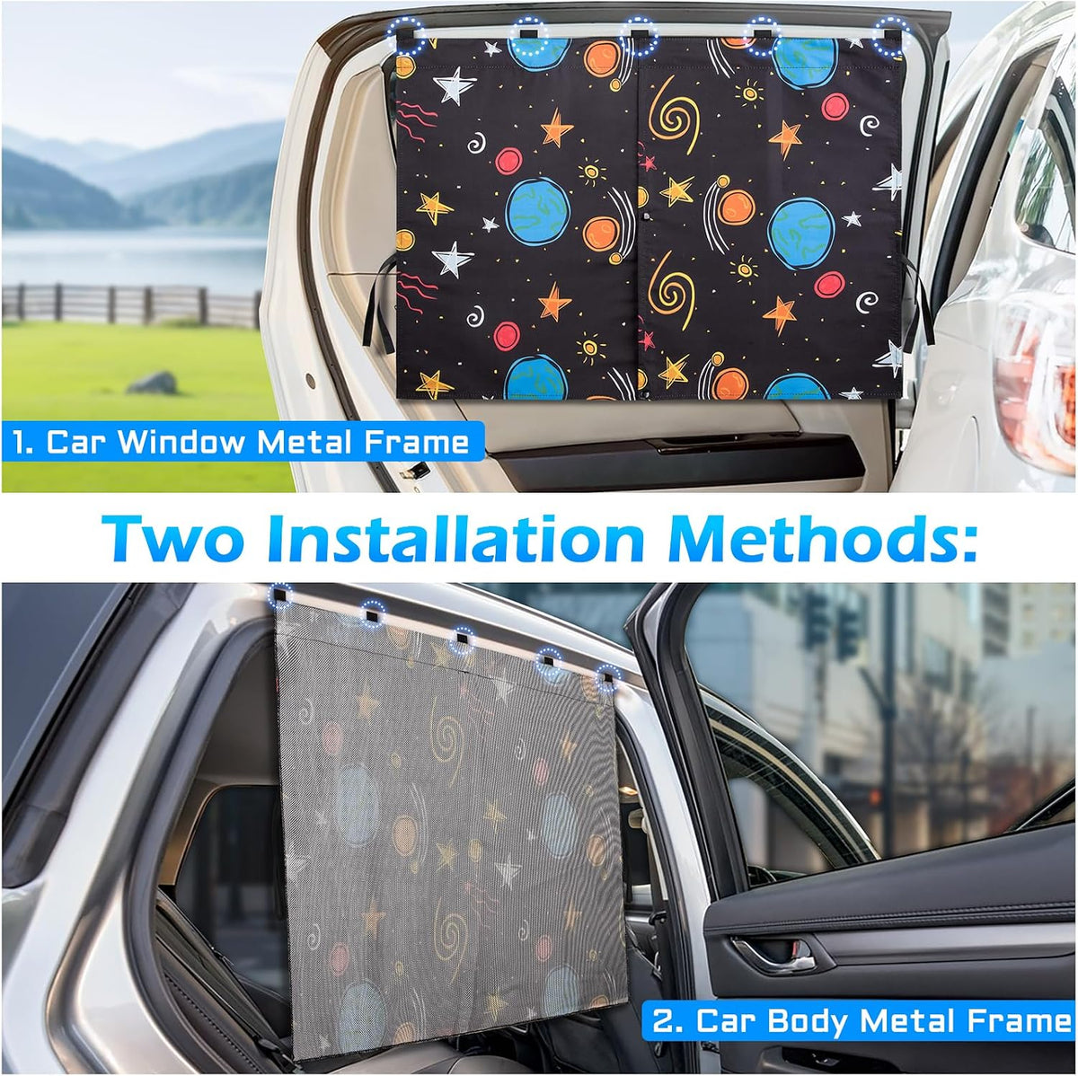 Car Window Shades, 2 Packs Magnetic car Sun Shade for Baby, Double Layers Magnetic Colourful Space Pattern for Full Covers/Half Shade Options, Window Curtains for Heat/UV Protection Sun Block Covers