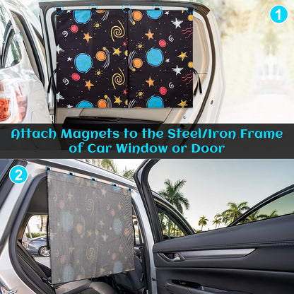 Car Window Shades, 2 Packs Magnetic Car Sun Shades for Baby, 2 Layers for Blackout/See Through Options Colorful Starry Pattern Side Window Curtain for Kids Heat/UV Blocker