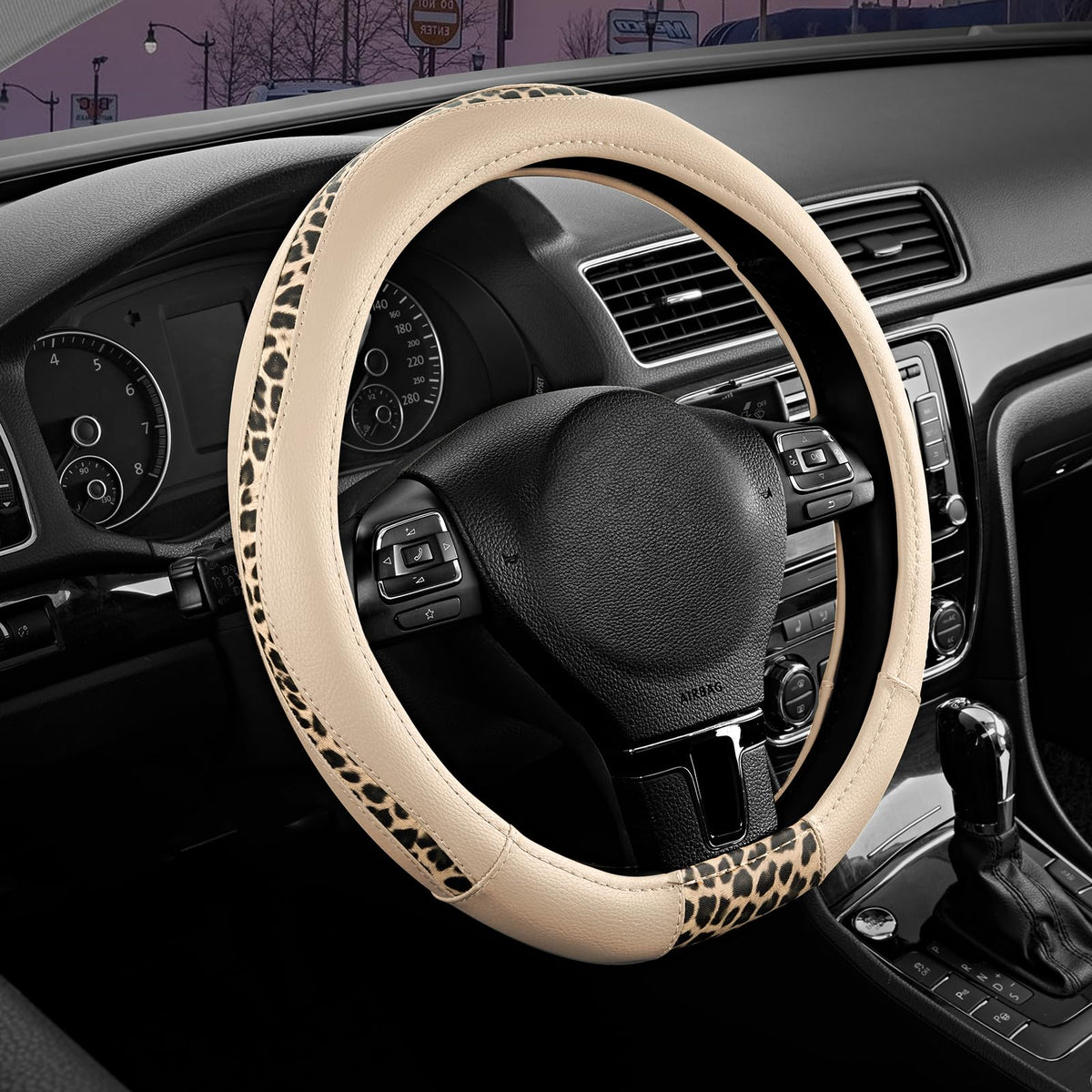 Road Comforts Steering Wheel Cover - Flat Bottom Wheel Cover Made with PVC Leather and Leopard Fabric - Universal Fit for 15-Inch D-Shaped Automotive Steering Wheels (Black Color)