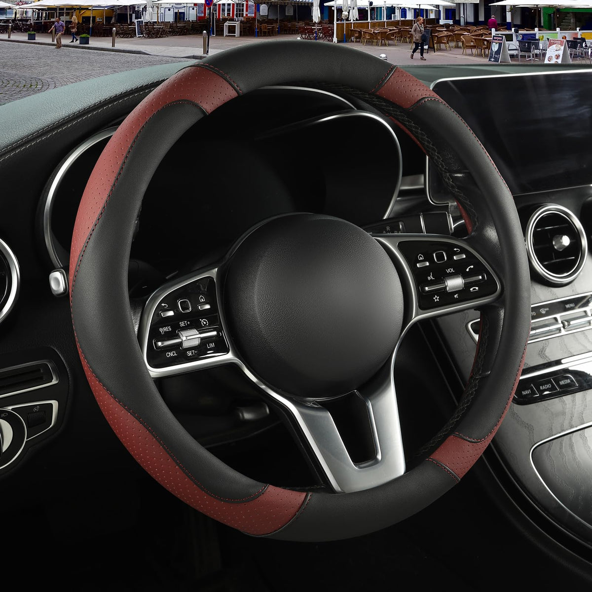 Black Red Microfiber Leather Steering Wheel Cover 14 inch