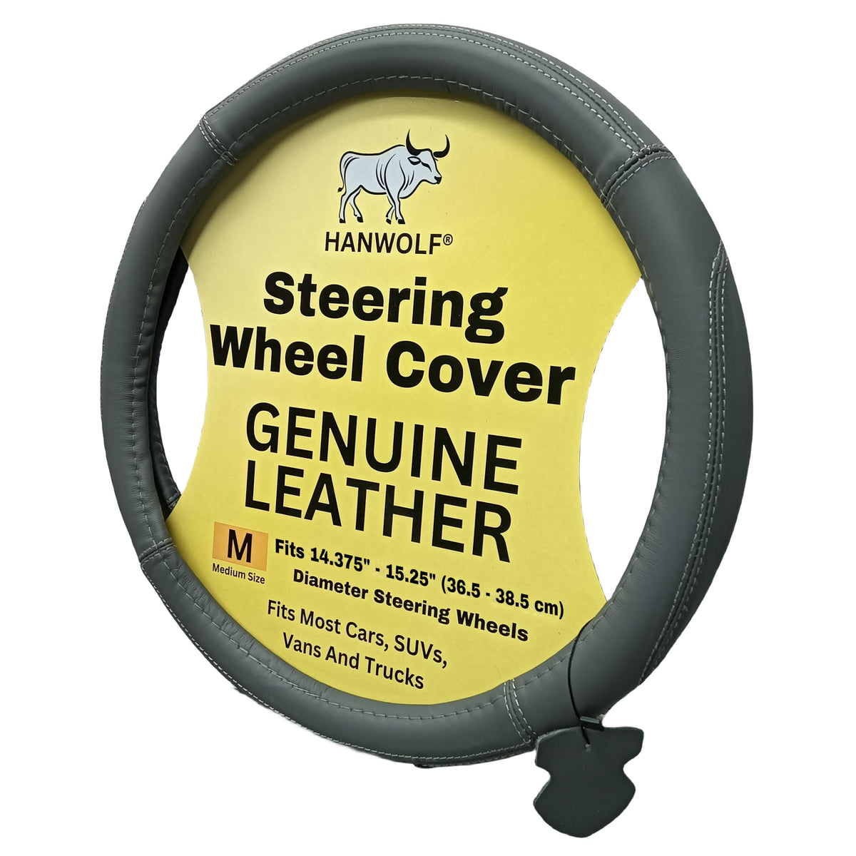 Steering Wheel Cover, Black, Real Genuine Leather, 15 inch, for Men and Women, Universal, Stretch On, Heat Resistant, Stays Cool, Non-Slip, HANWOLF