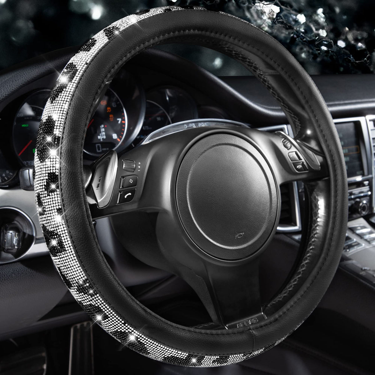 CAR PASS Bling Diamond Leather Steering Wheel Cover, with Bling Sparkly Crystal Glitter Rhinestones Universal Fit 14" 1/2-15" Car Wheel Protect for Women Girl Fit Suvs,Vans,Sedans,Cars,Trucks, Blue