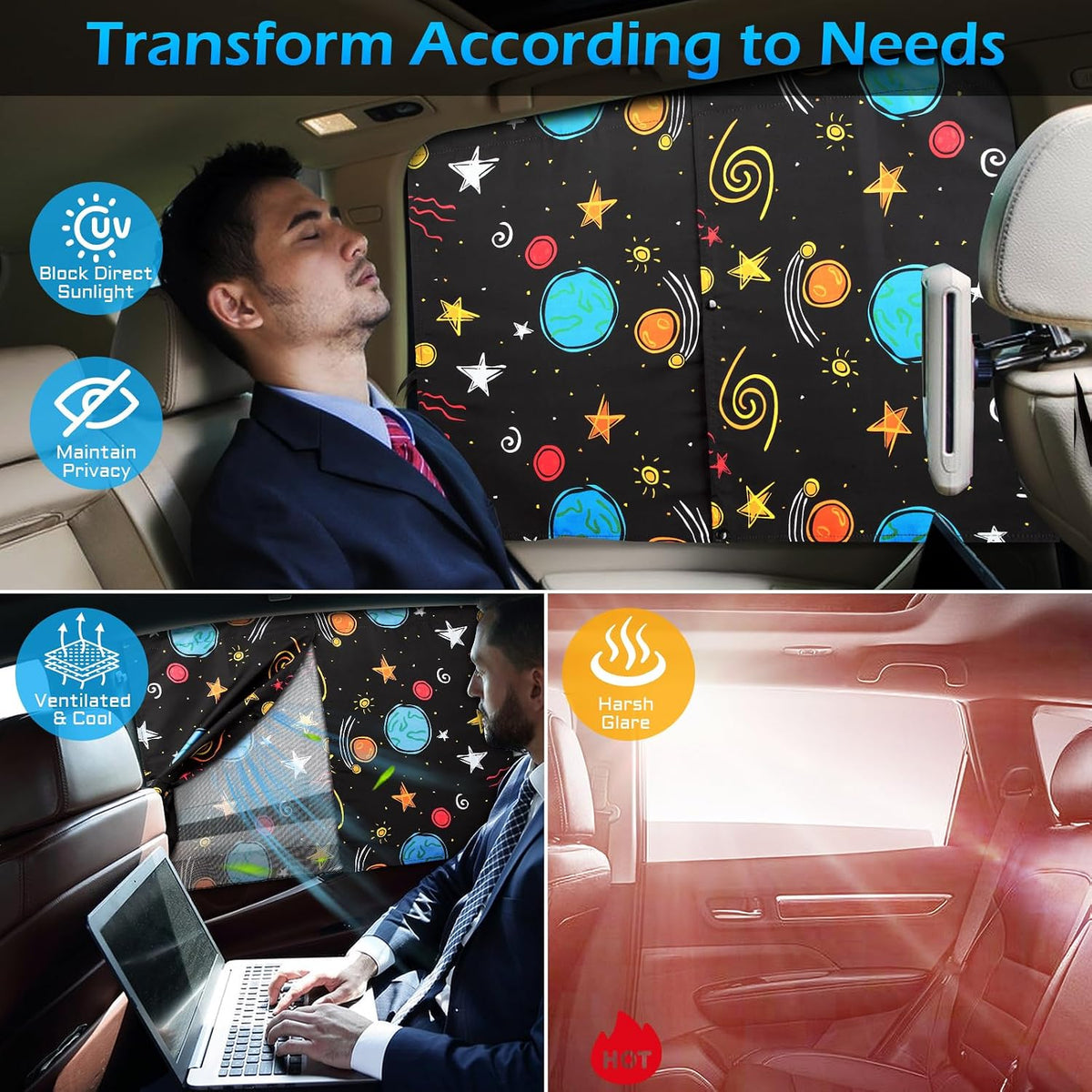 Car Window Shades, 2 Packs Magnetic car Sun Shade for Baby, Double Layers Magnetic Colourful Space Pattern for Full Covers/Half Shade Options, Window Curtains for Heat/UV Protection Sun Block Covers