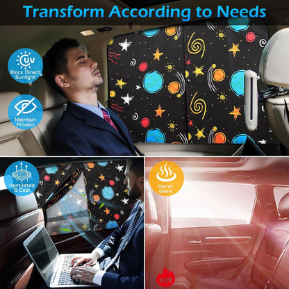Car Window Shades, 2 Packs Magnetic car Sun Shade for Baby, Double Layers Magnetic Colourful Space Pattern for Full Covers/Half Shade Options, Window Curtains for Heat/UV Protection Sun Block Covers