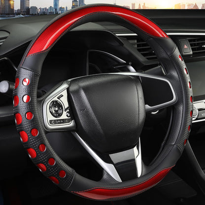 PU Leather Car Steering Wheel Cover with Anti-Slip Grip, for Women and Men, Universal Fit for 14.5-15 Inch Cars, Trucks, SUVs (Red (Round), Medium(Standard) Size[14 1/2''-15''])