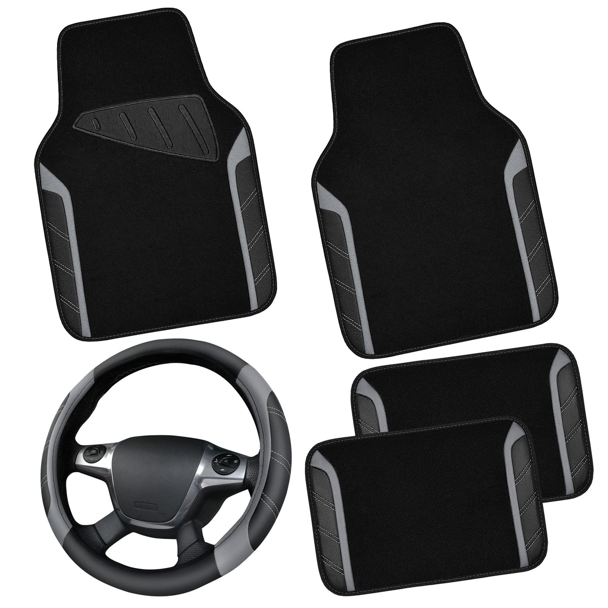 CAR PASS Microfiber Steering Wheel Cover and Waterproof Car Floor Mats,Leather Universal Car Combo Fit for 95% Truck,SUV,Cars,14.5-15inch Sporty Anti-Slip Safety Comfortable Design(Black and Pink)