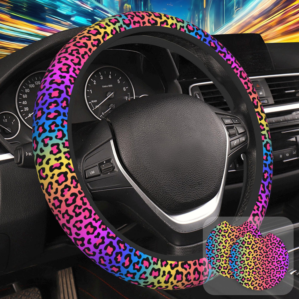 Botanical Flowers Berries Leaves Steering Wheel Cover for Women, Anti-Slip Car Steering Wheel Cover with 2 Pcs Cup Holders Neoprene Breathable Car Accessories Universal 15 Inch Auto Interior Decor