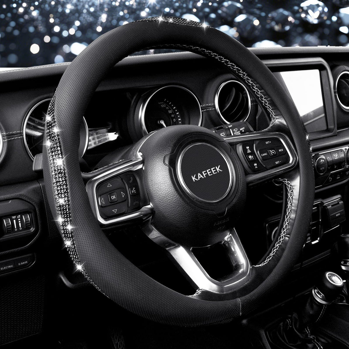 KAFEEK Diamond Leather Steering Wheel Cover, 15 Inch, Black