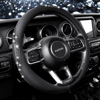 KAFEEK Diamond Leather Steering Wheel Cover, 15 Inch, Black