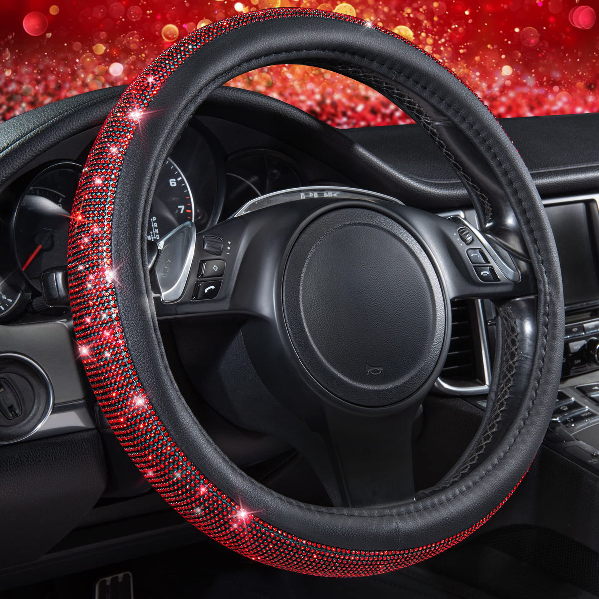 CAR PASS Bling Diamond Leather Steering Wheel Cover, with Bling Sparkly Crystal Glitter Rhinestones Universal Fit 14" 1/2-15" Car Wheel Protect for Women Girl Fit Suvs,Vans,Sedans,Cars,Trucks, Blue