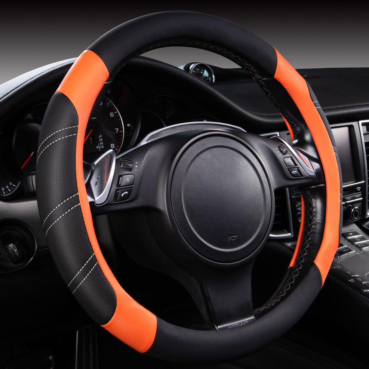 CAR PASS Line Rider Microfiber Leather Sporty Steering Wheel Cover Universal Fits for 95% Truck,SUV,Cars,14.5-15inch Anti-Slip Safety Comfortable Desgin (Black-White)