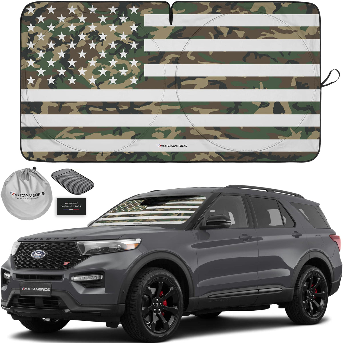 Autoamerics 1-Piece Windshield Sun Shade B&W American Flag USA Patriotic Design - Foldable Car Front Window Sunshade for Most Sedans SUV Truck - Blocks Max UV Rays and Keeps Your Vehicle Cool - Small