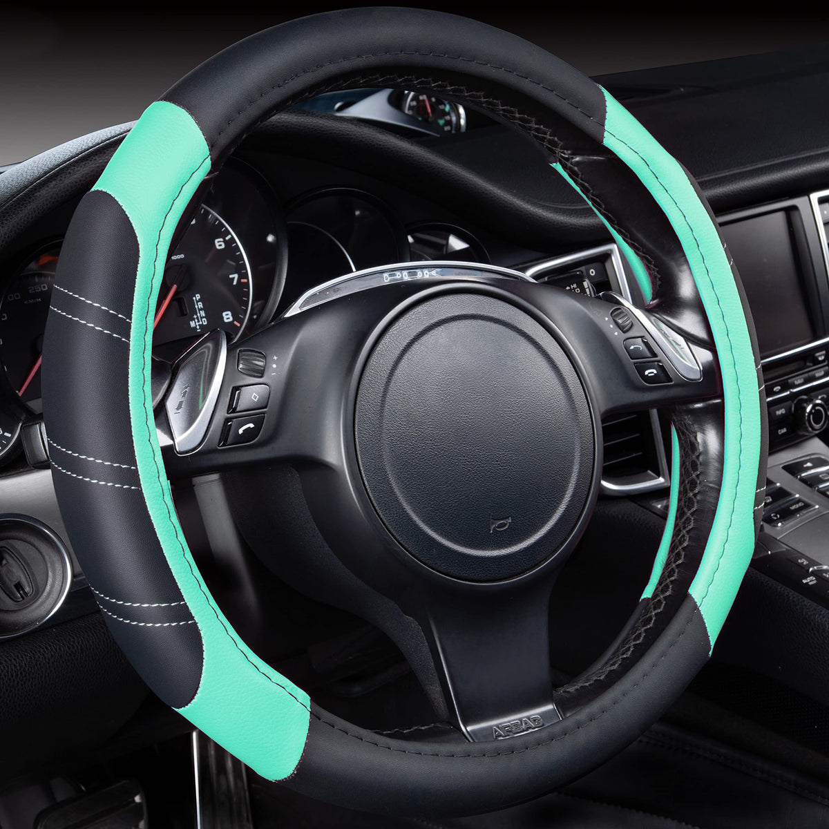 CAR PASS Line Rider Microfiber Leather Sporty Steering Wheel Cover Universal Fits for 95% Truck,SUV,Cars,14.5-15inch Anti-Slip Safety Comfortable Desgin (Black-White)