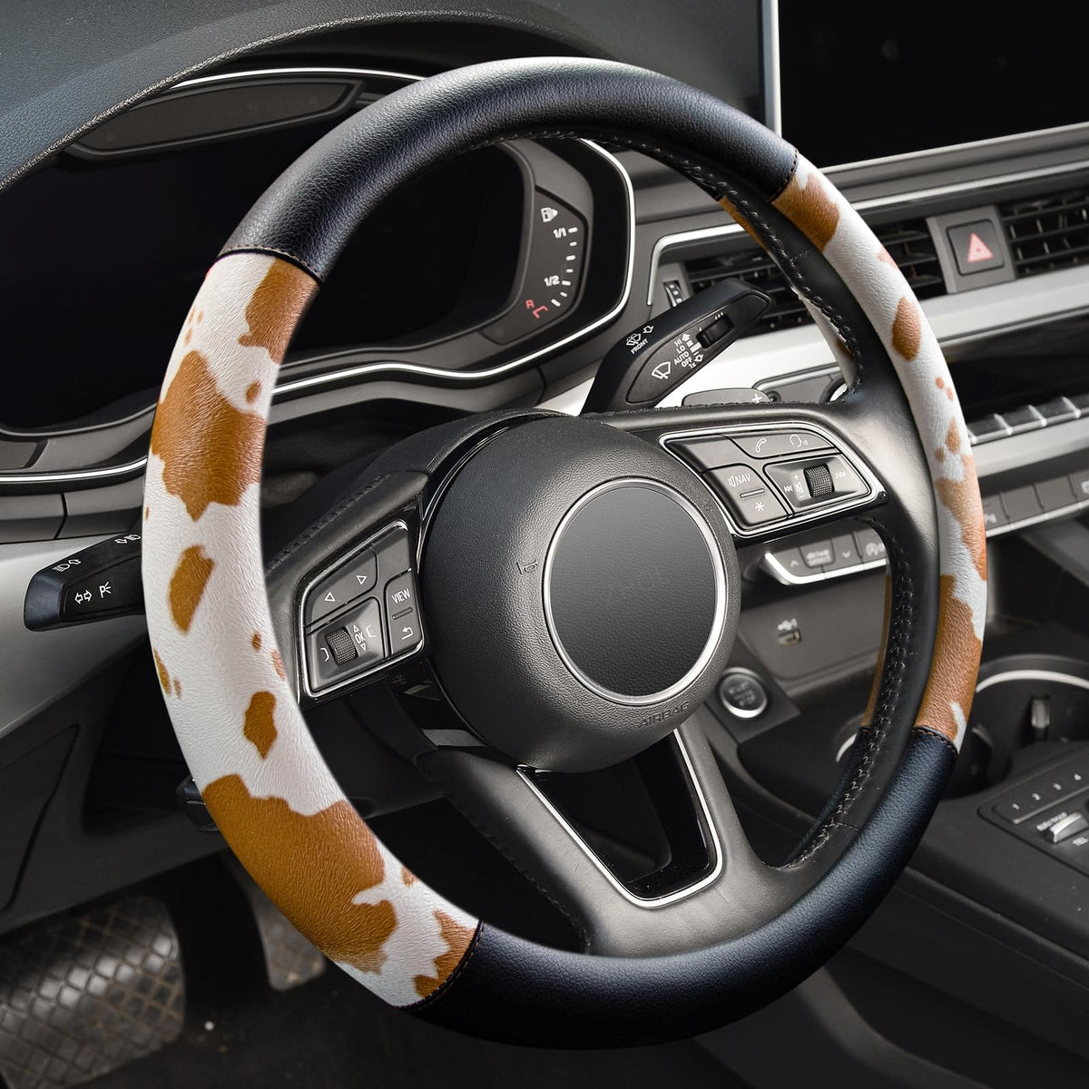 Cow Print Steering Wheel Cover,14.5-15",Microfiber Leather,Anti-Slip,Women