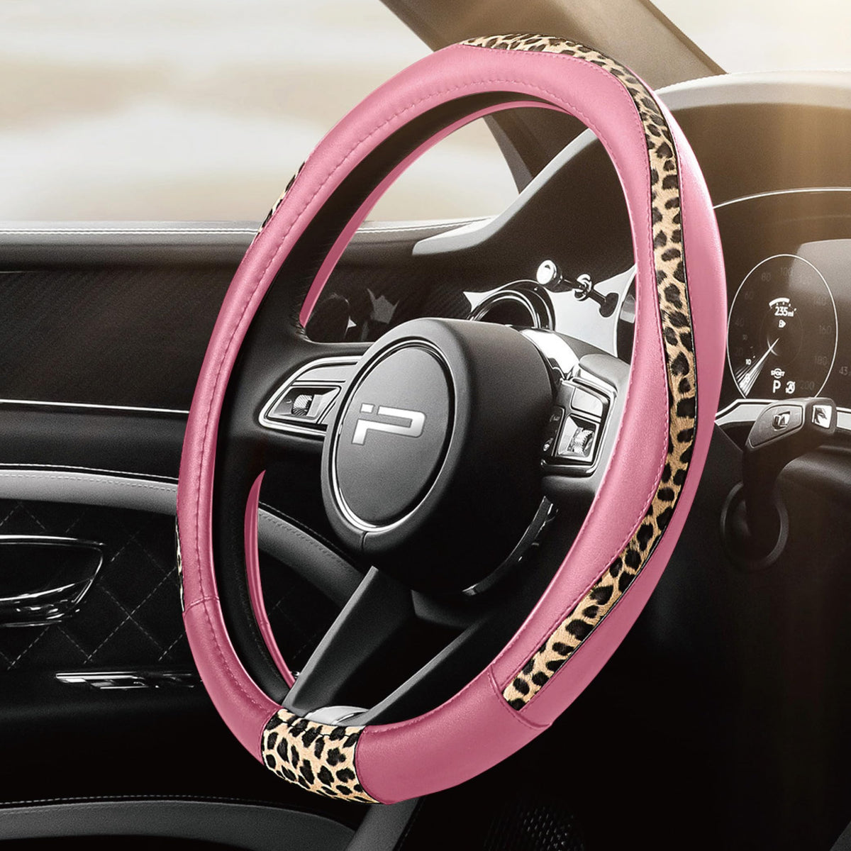 Road Comforts Steering Wheel Cover - Flat Bottom Wheel Cover Made with PVC Leather and Leopard Fabric - Universal Fit for 15-Inch D-Shaped Automotive Steering Wheels (Black Color)