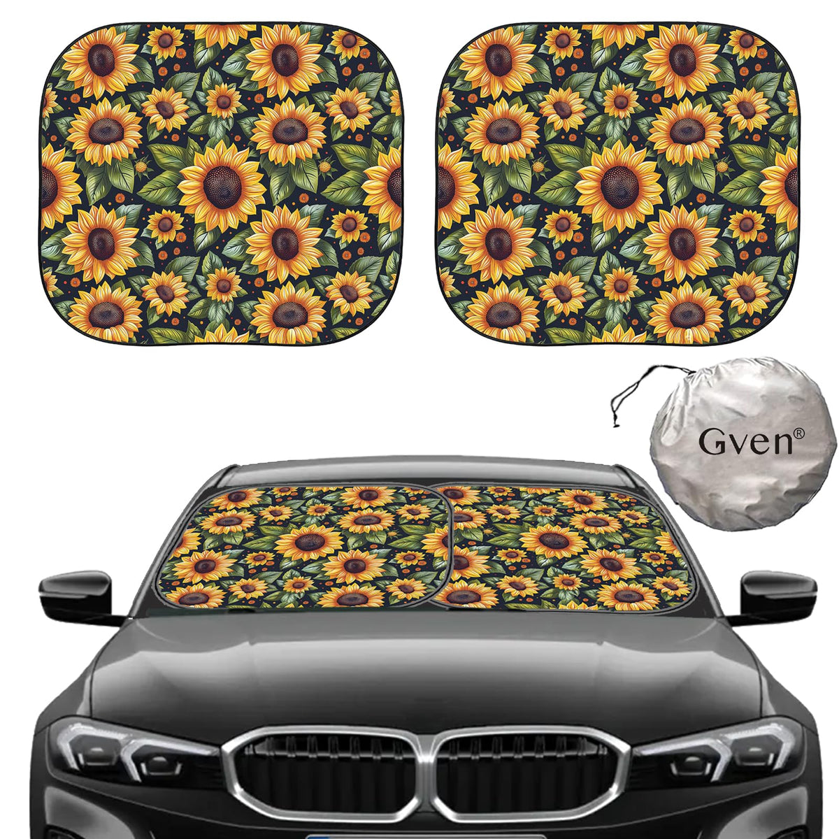 Gven Windshield Sun Shade 2pcs with Bonus Car Sunshade for Front Window Shades 2025 Technology Reflect UV and Heat Sun Visor Automotive Interior Sun Protection (Leopard, M)