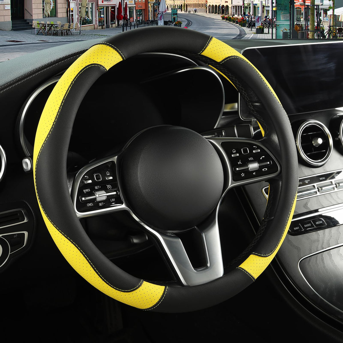 Black Red Microfiber Leather Steering Wheel Cover 14 inch